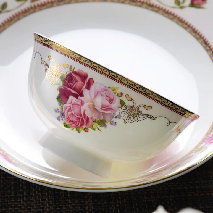 5英寸雪雨花香10个装高脚防烫景德镇家用中式欧式陶瓷米饭碗金边1