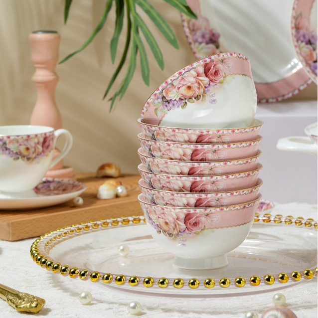 4.5英寸高脚防烫米饭碗10个装倾城玫瑰景德镇高档家用陶瓷中式