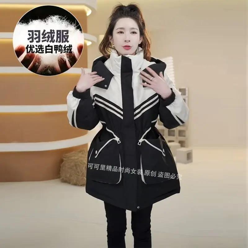 派克服羽绒服女2023冬季新款收腰显瘦女中长款连帽冲锋衣流羽绒棉