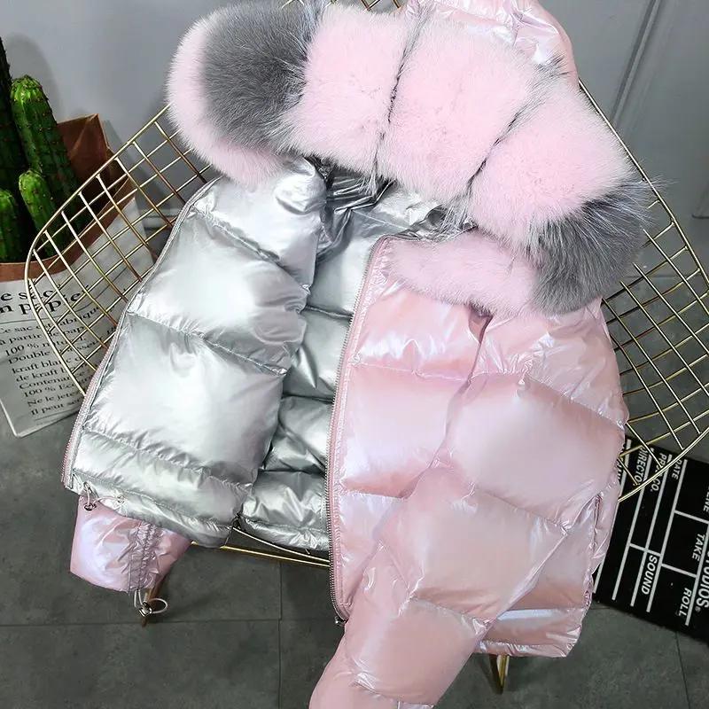 2023冬新款大毛狐狸毛羽绒服女领双面穿网红亮面银粉色外套女羽绒