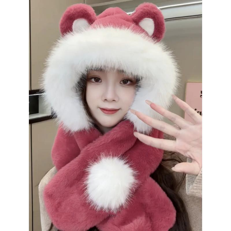 东北防寒帽子围巾一体女冬季学生可爱护耳雷锋帽加绒电动车防风帽