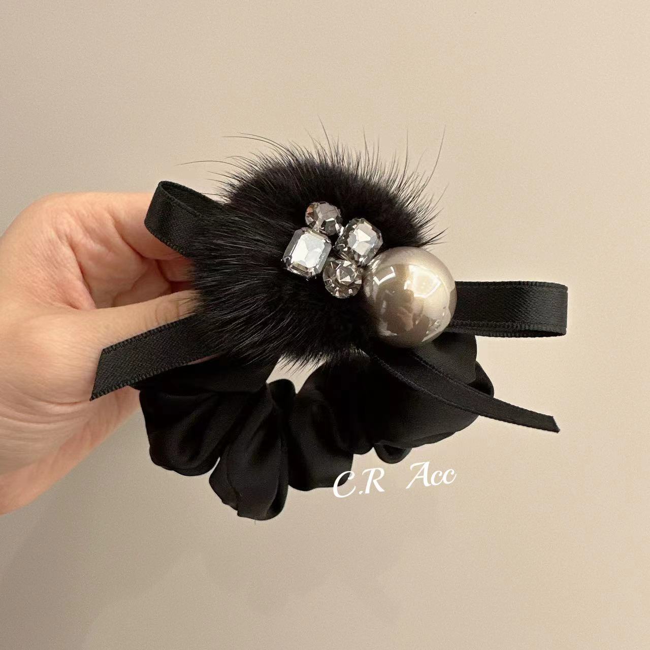 缎面蝴蝶结复古发圈头绳高级感水貂毛马尾皮筋珠珠闪钻发绳橡皮筋
