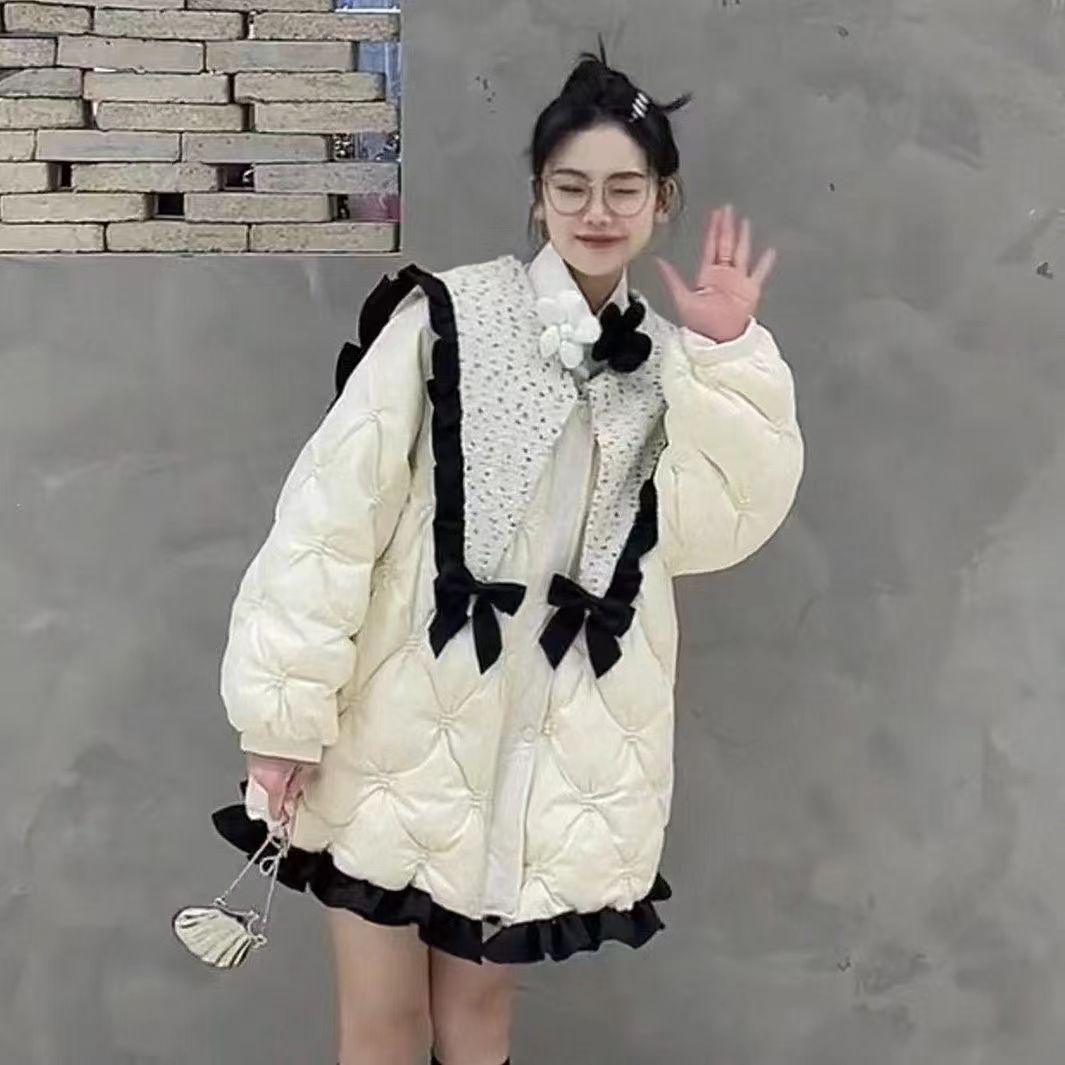 蝴蝶结娃娃领小香风2023女冬季新款宽松保暖洋气加厚外套