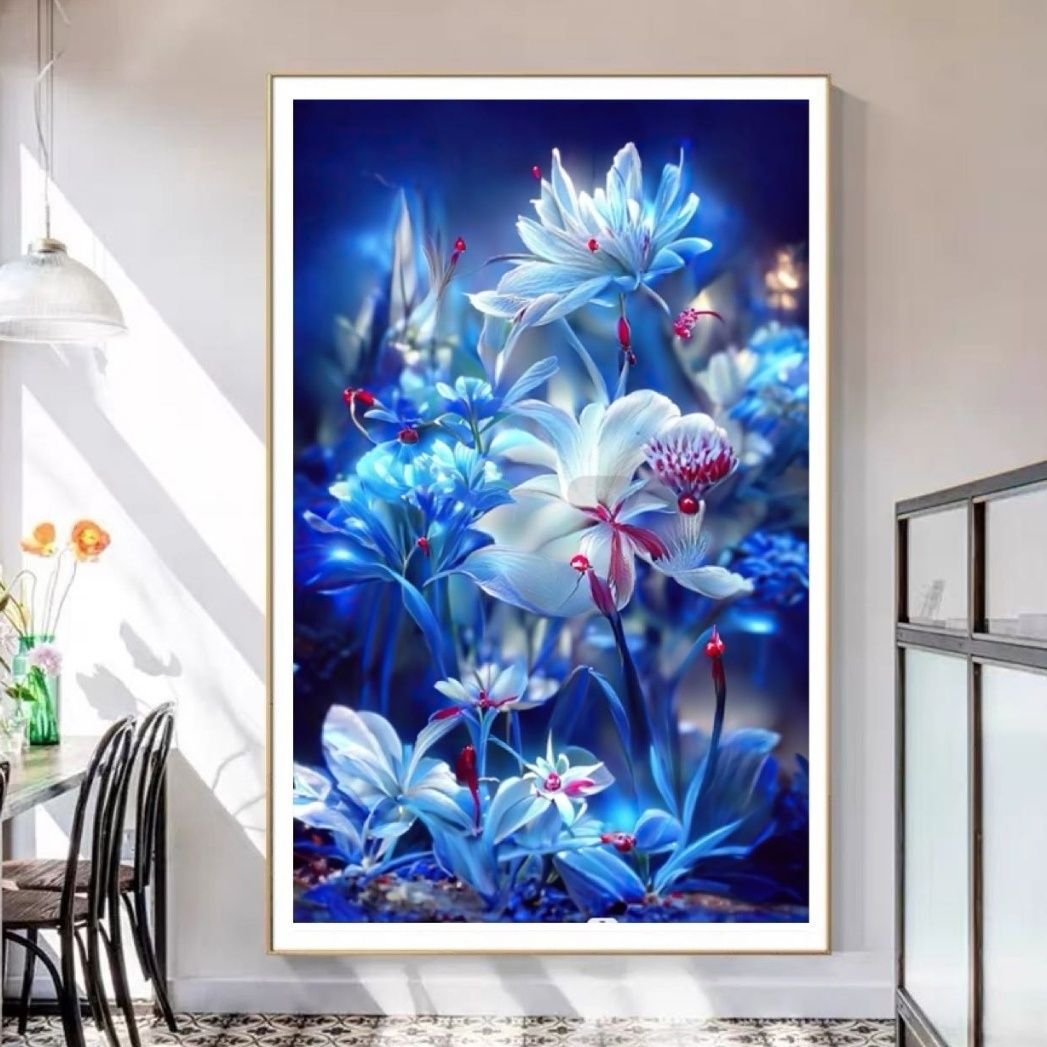 蓝色百合花十字绣新款线绣客厅卧室玄关植物花卉满绣38色简单好绣