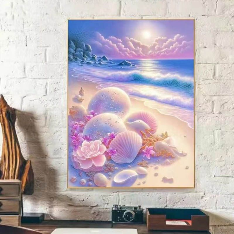 粉色海边贝壳十字绣满绣36色新款棉线大格满绣蓝色海景客厅卧室