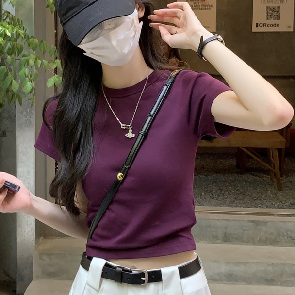 2025新款紫色修身短袖正肩t恤女夏洋气时尚小众辣妹短款显瘦上衣