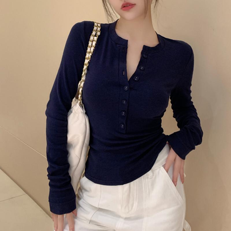 春秋新款纽扣半开领长袖打底衫女2025简约白色修身显瘦内搭上衣