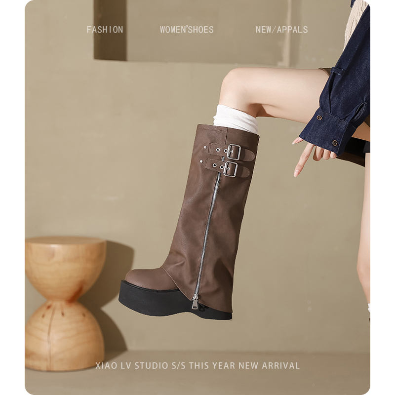 胖mm炸街长靴女厚底增高不过膝长筒小个子松糕底靴子女长筒靴