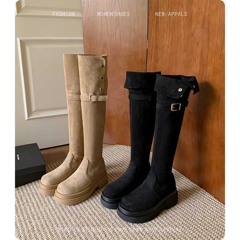 过膝长靴女秋冬厚底显瘦胖mm长筒靴大筒围粗腿美拉德高筒骑士靴子