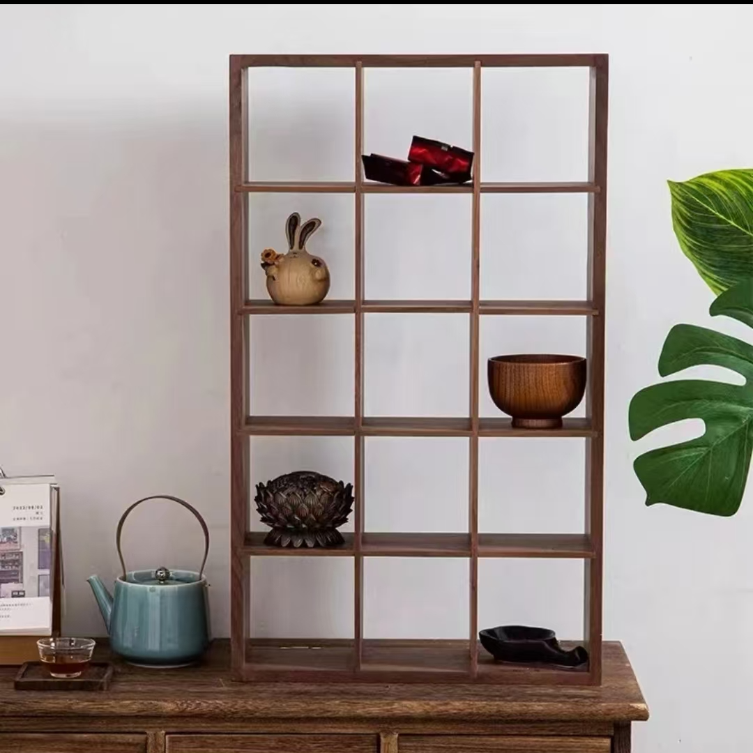 北美黑胡桃木简约多宝阁置物架墙面架茶架新中式格子木质大气
