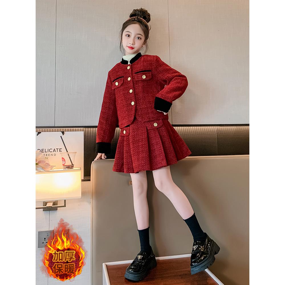 女童小香风套装秋冬款儿童红色连衣裙新年衣服冬装加厚过年服裙子