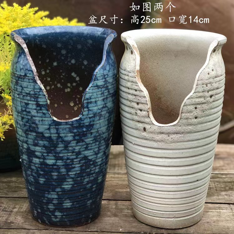 001手工粗陶高缺口盆切口花盆复古多肉植物老桩盆紫乐悬崖桩陶瓷