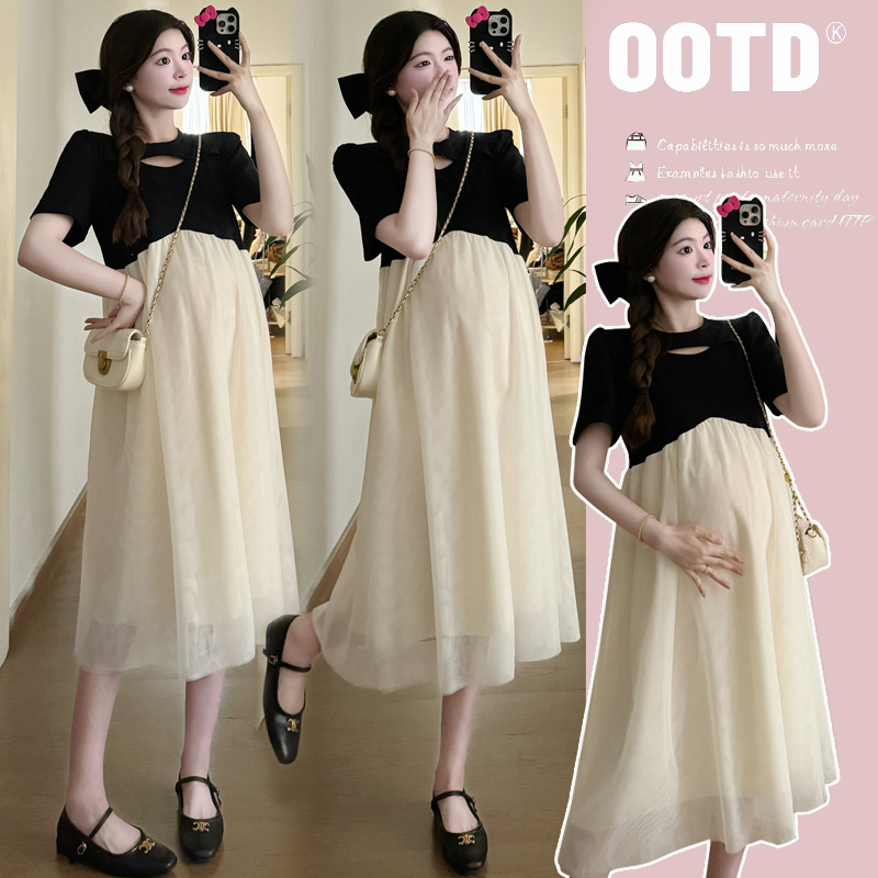 xixi~2025夏季新款网红孕妇装清新气质减龄显瘦网纱连衣裙