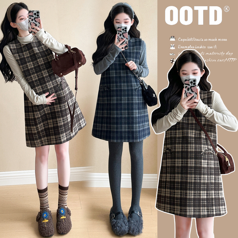 xixi~2025春秋时尚复古格纹宽松背心孕妇裙+优雅打底衫