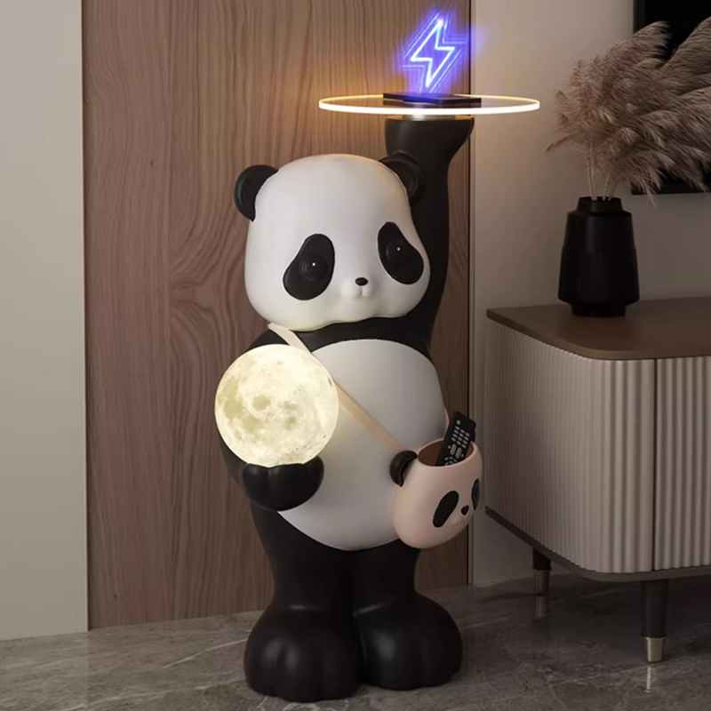 萌系熊猫客厅大型落地灯摆件轻奢家居电视柜旁熊托盘软装装饰品