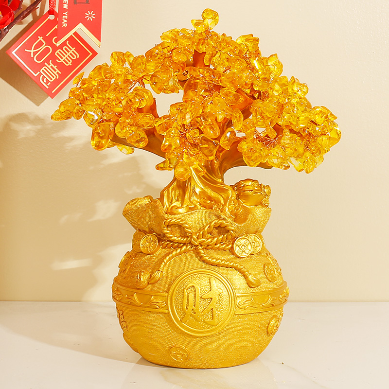 黄水晶发财树摆件酒柜装饰客厅电视柜玄关开业送礼摇钱树