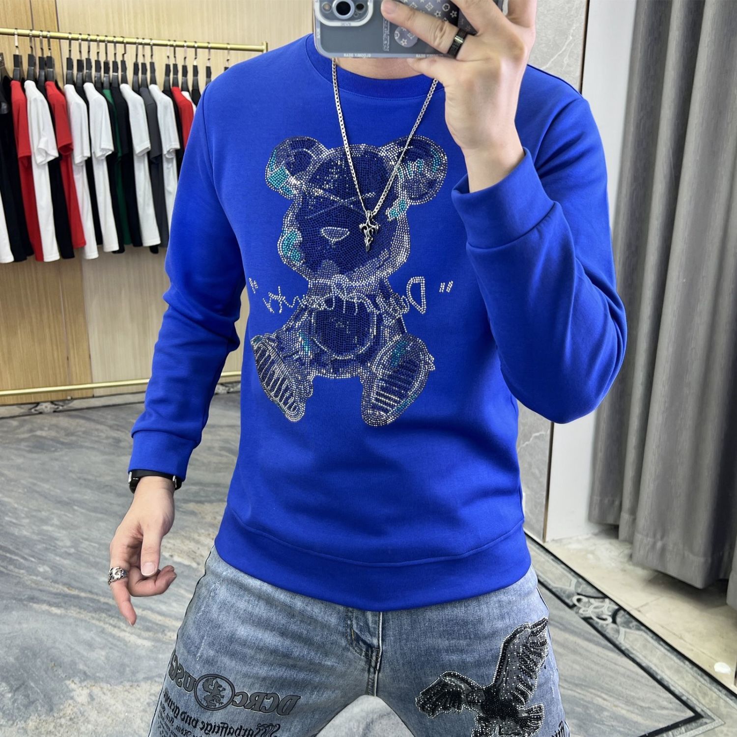 2023秋冬新款重工烫钻小熊卫衣时尚潮流衣服长袖体恤打底衫男上衣