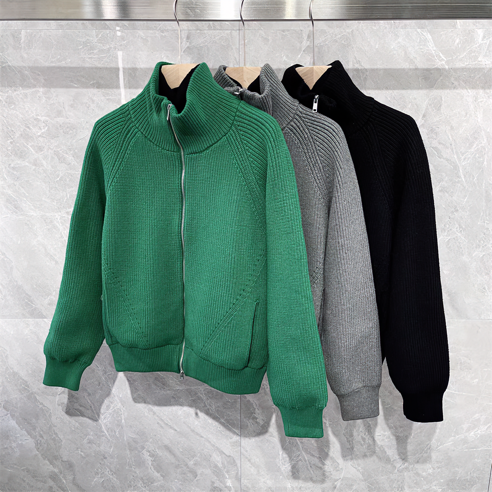 【小扬哥推荐】欧美男士简约高级绿立领拉链针织开衫男秋冬季加厚