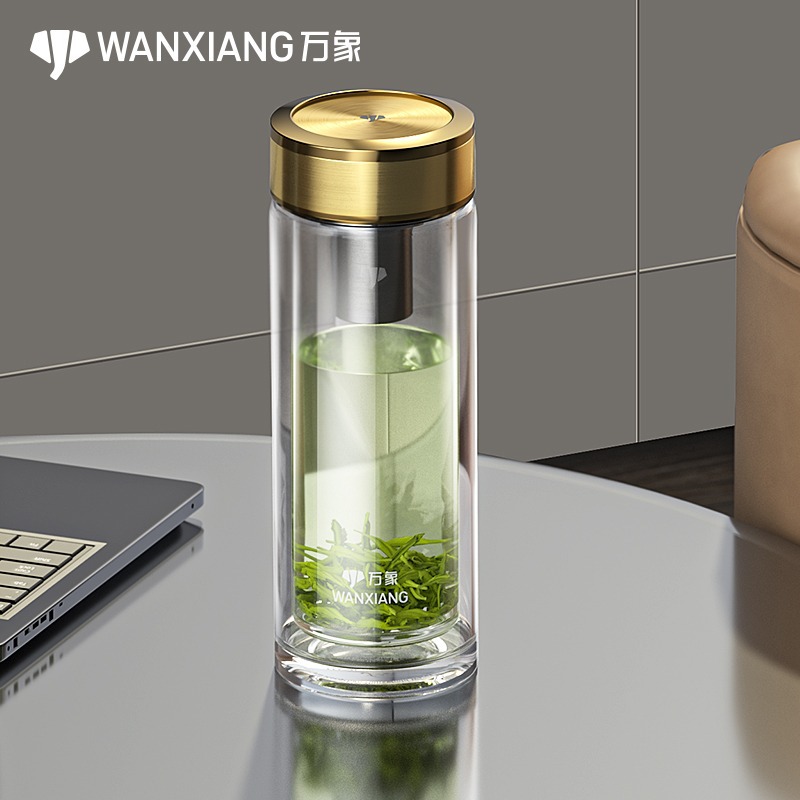 万象双层玻璃杯男士水杯商务个人专用茶水分离泡茶叶礼盒装杯子