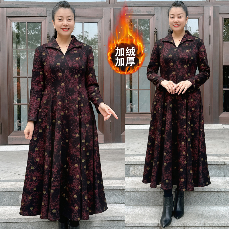 高档加绒加厚翻领长袖连衣裙女冬季新款气质中年妈妈显瘦打底裙子
