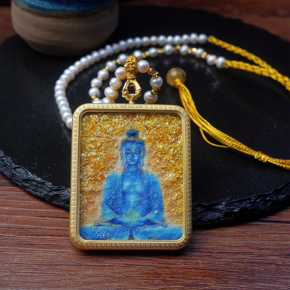 珍藏版康安药师手作珍贵粗矿物唐卡吊坠 配珠链