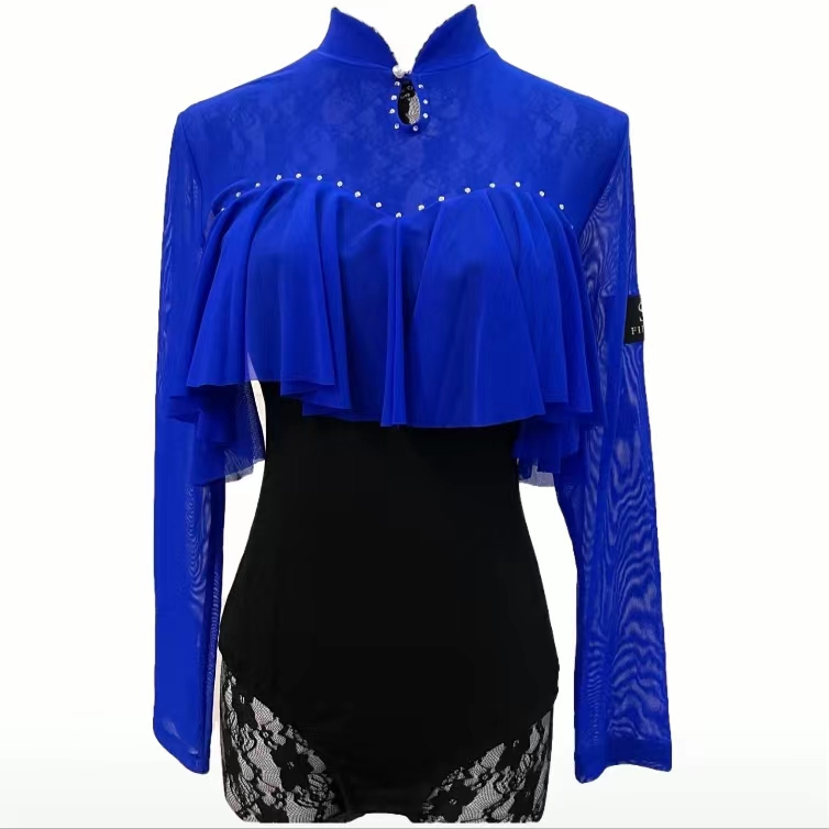 女士蕾丝拉丁舞吉特巴中式花边重工钻连体四季面料时尚上衣镶钻舞