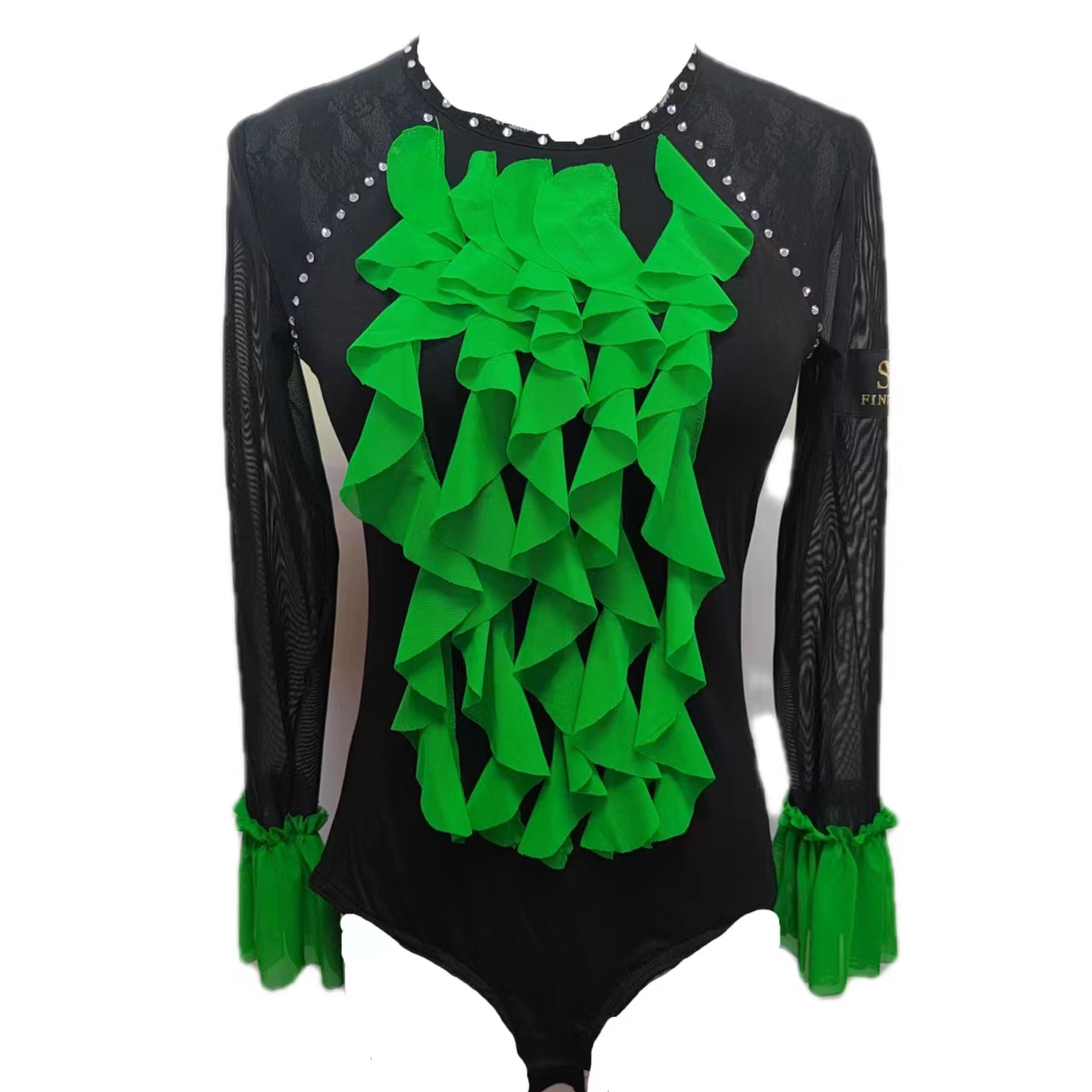 女士绿色拼接五边舞服吉特巴拉丁舞时尚长袖镶钻重工百搭拼接打底