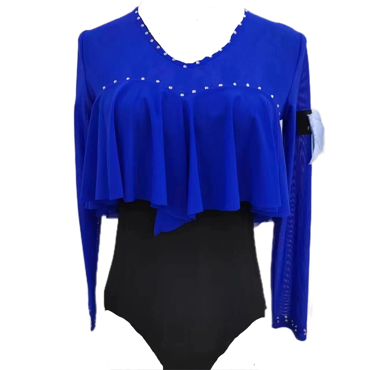 新款钻钻拼接上衣吉特巴时尚舞服荷叶边女士长袖连体百搭舞服气质