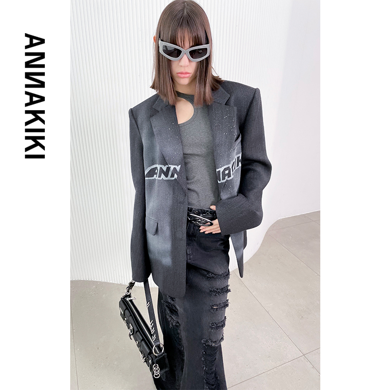 【Auchic专属】ANNAKIKI灰色LOGO印花西装外套女秋冬3C4X0618H206
