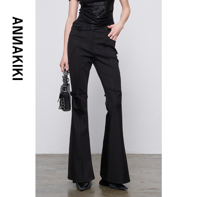 ANNAKIKI 黑色捏褶喇叭裤修身休闲长裤 3D3B1233H321