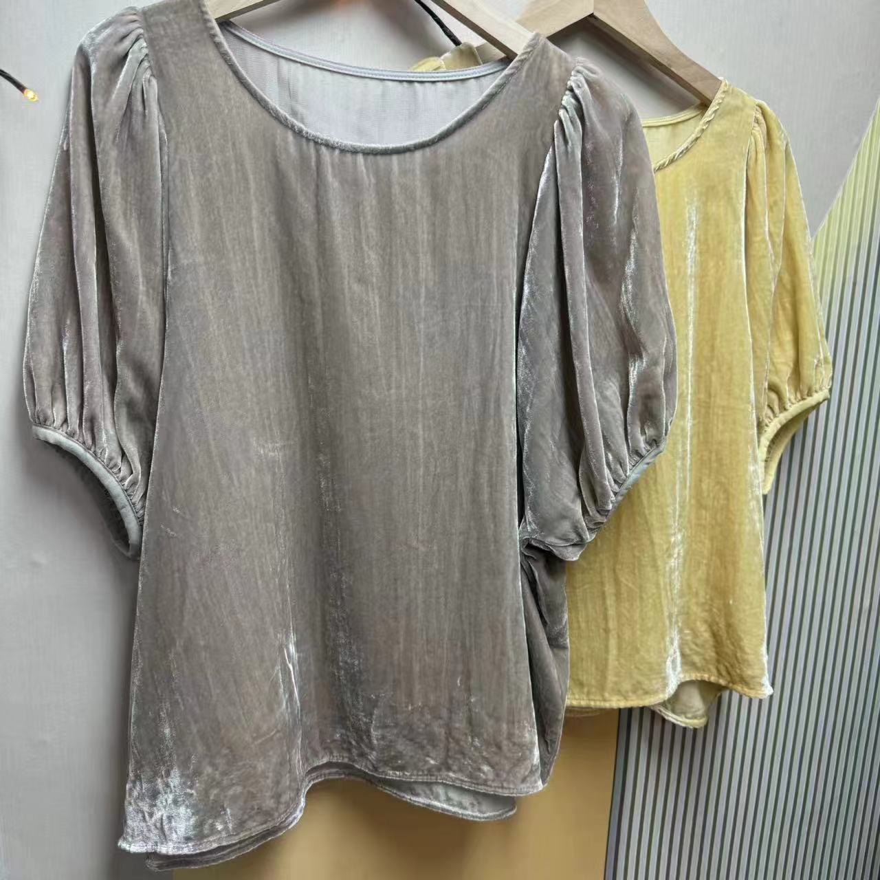 桑蚕丝早秋七分袖时尚洋气显瘦版泡泡袖圆领女装休闲T