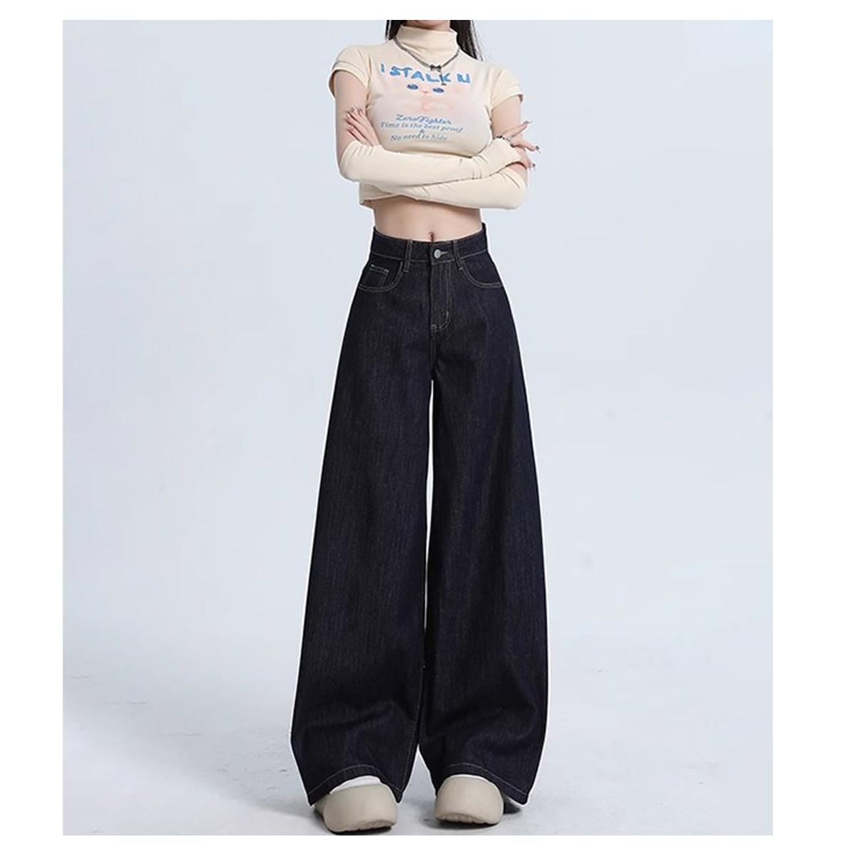 T294【RONZE潮流】春季美式原牛原宿风蓝灰阔腿高腰拖地裤子