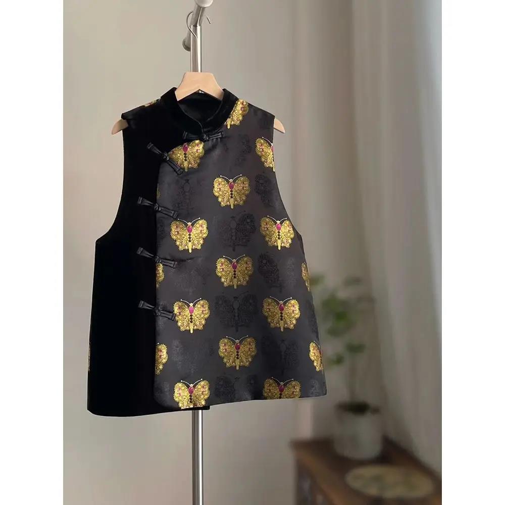 女童复古提花拼接旗袍裙国风连衣裙秋冬新中式盘扣夹棉背心裙