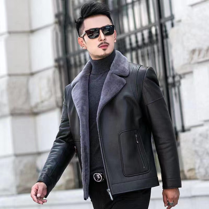 G9 海宁绵羊真皮皮衣 男加厚冬季新款皮毛一体羊羔毛短款皮衣外套