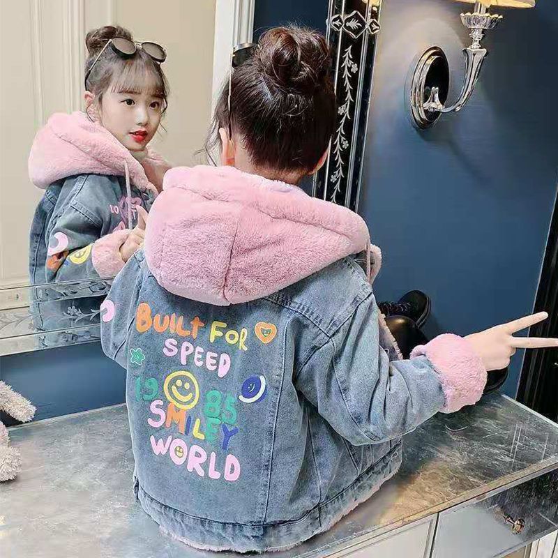 女童外套加绒加厚冬装2023新款韩版洋气儿童时髦牛仔上衣潮13童装