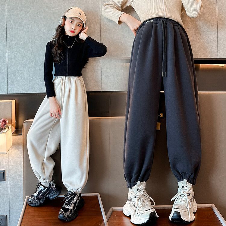 女童裤子秋冬新款一体绒运动裤中大童韩版冬季休闲裤洋气加绒卫裤
