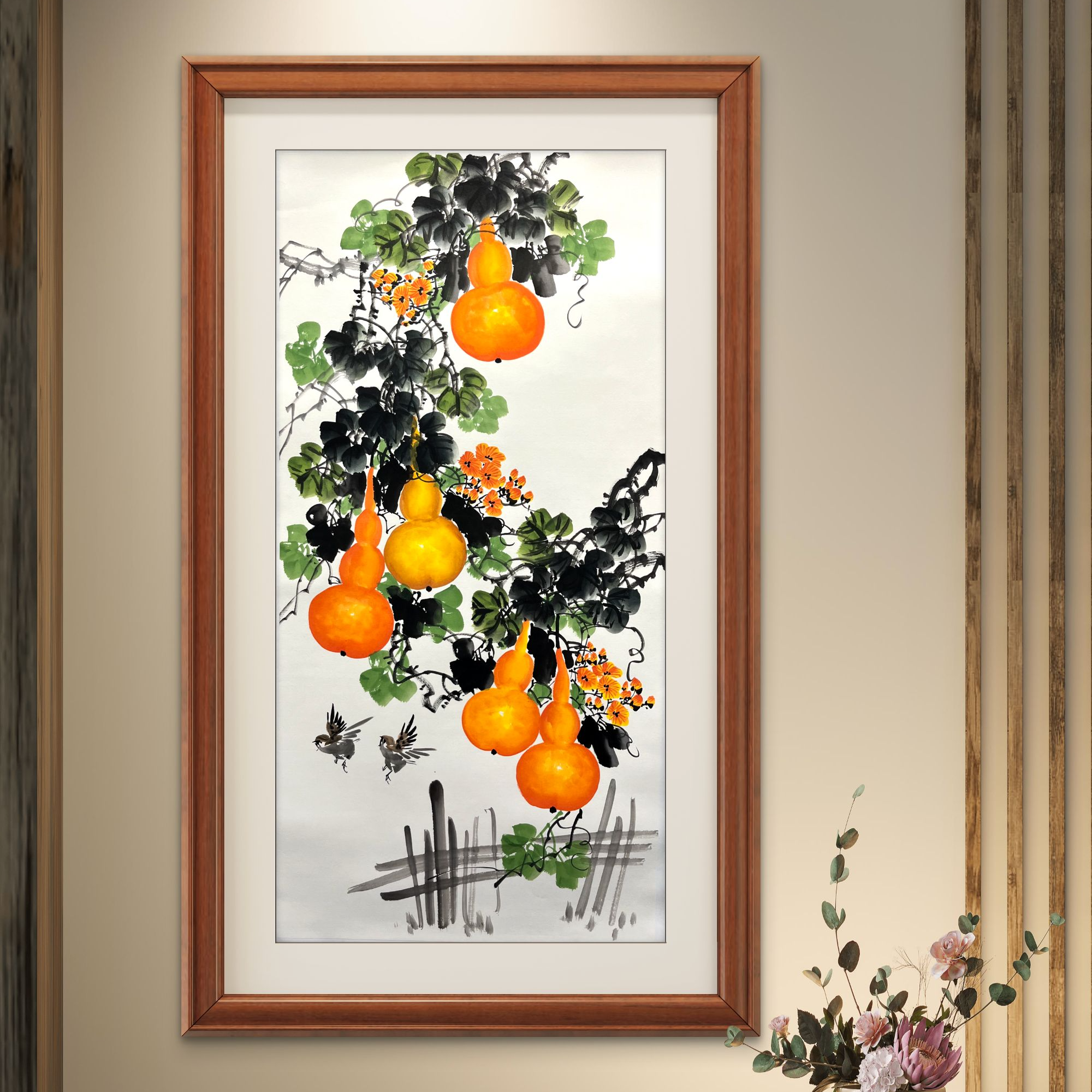 齐振家亲笔手绘竖葫芦【五福临门】70*150cm送龙纹圆筒收藏送礼作品