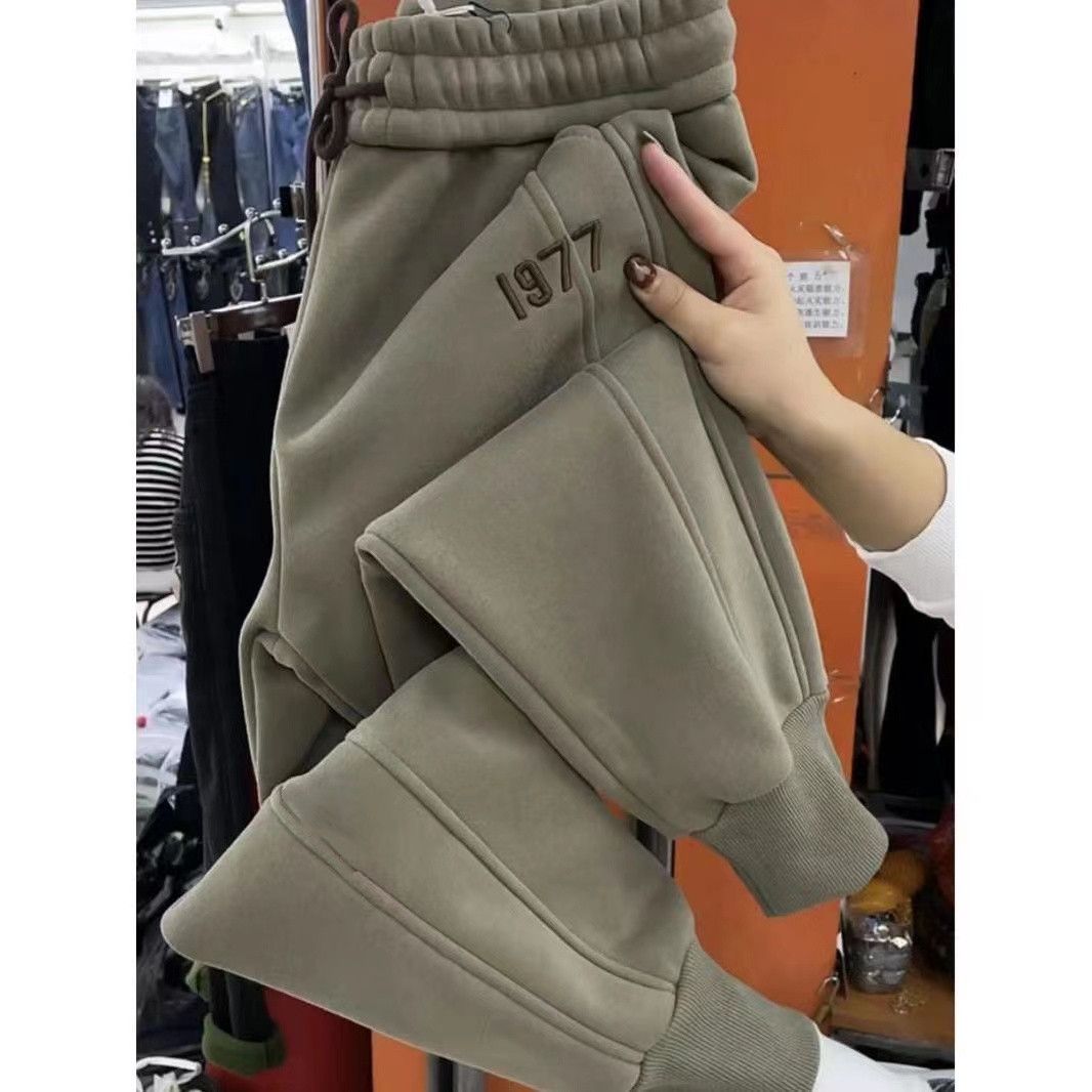 胖mm加绒加厚束脚时尚休闲裤女宽松百搭小个子抽绳刺绣哈伦裤