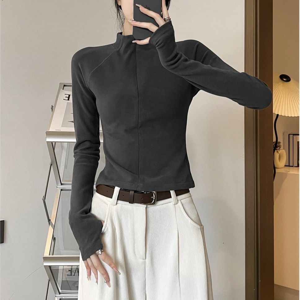 美拉德秋冬新款德绒保暖拉链长袖T恤女气质修身别致内搭打底上衣