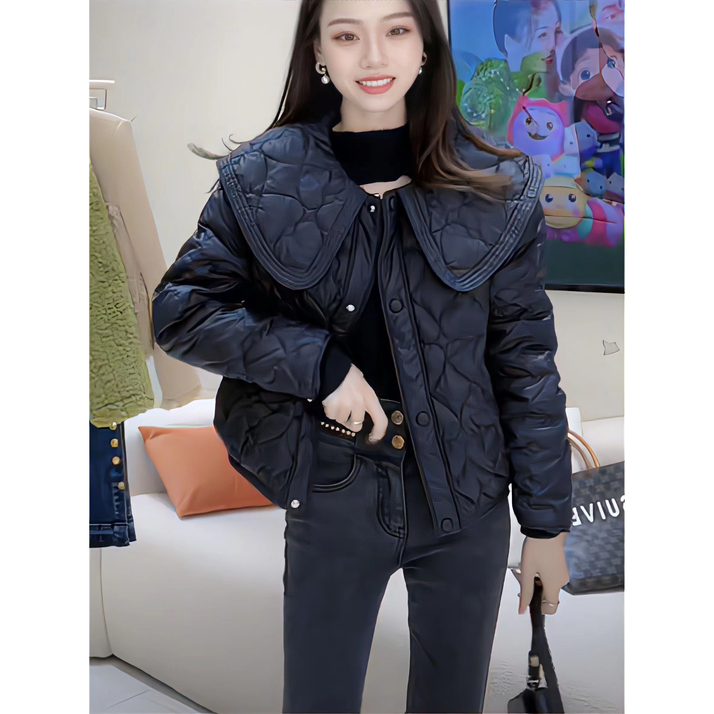 欧货轻薄保暖外套女2024冬季新款设计感小众大翻领名媛百搭上衣潮