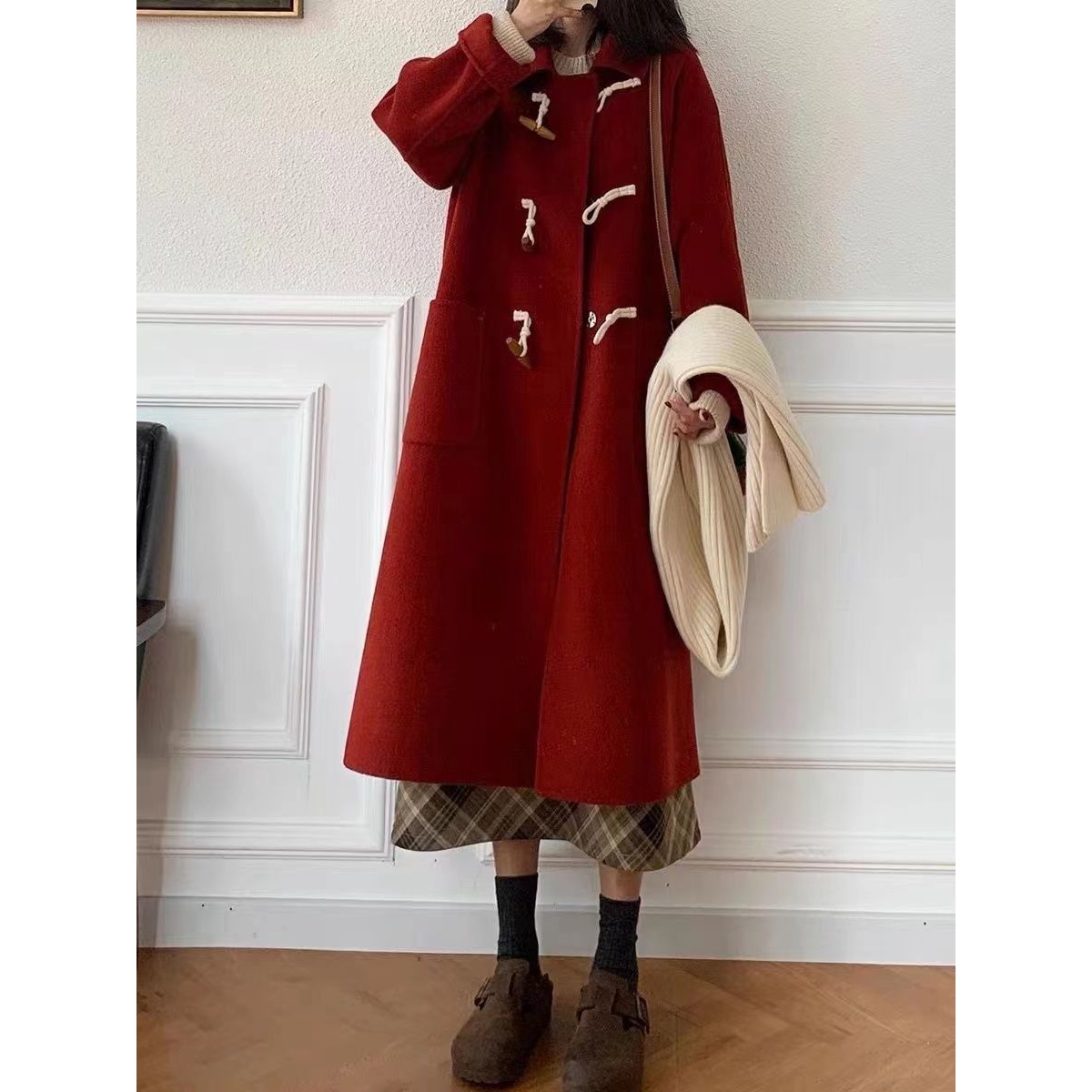2023新款红色双面呢大衣小个子牛角扣毛呢外套韩系气质秋冬外套女