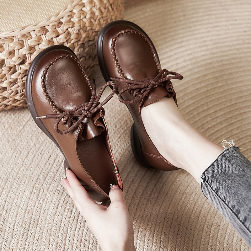 真皮手工鞋女复古单鞋平底系带休闲妈妈鞋软皮中年小皮鞋乐福鞋女