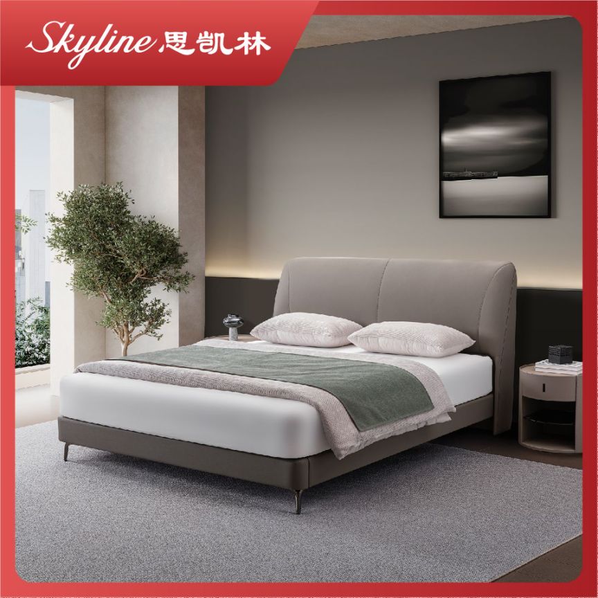 思凯林【百合】 家居现代简约真皮床 主卧双人大床软包床头层牛皮床