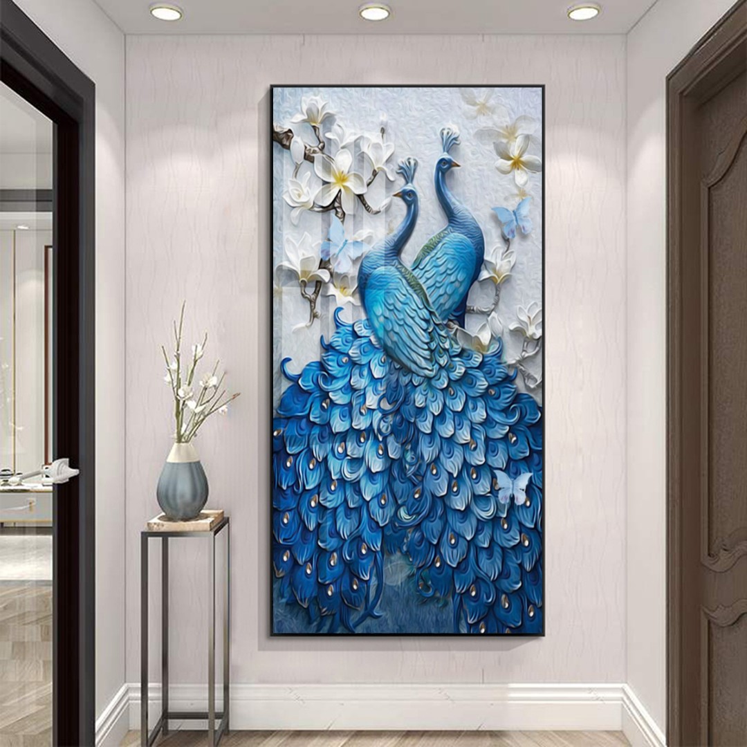 轻奢简约孔雀玄关瓷装饰画晶瓷镶钻玄关画走廊过道入户玄关装饰画