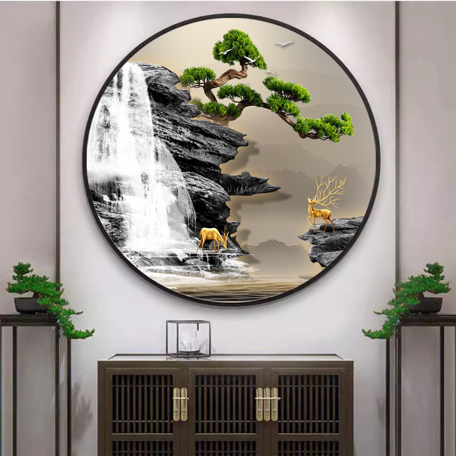 简约现代中式圆形装饰画沙发大堂设计侧墙背景圆形挂画晶瓷灯光画