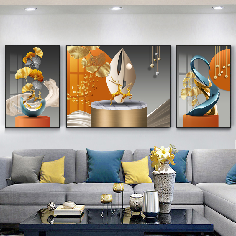 《福禄高升》北欧几何麋鹿装饰画客厅沙发三联晶瓷装饰画镶钻工艺