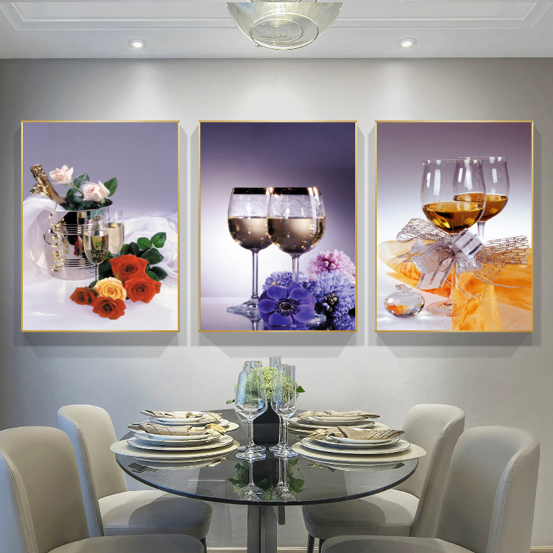 三联装饰画餐厅客厅晶瓷镶钻装饰画优雅餐厅三联挂画铝合金框晶瓷
