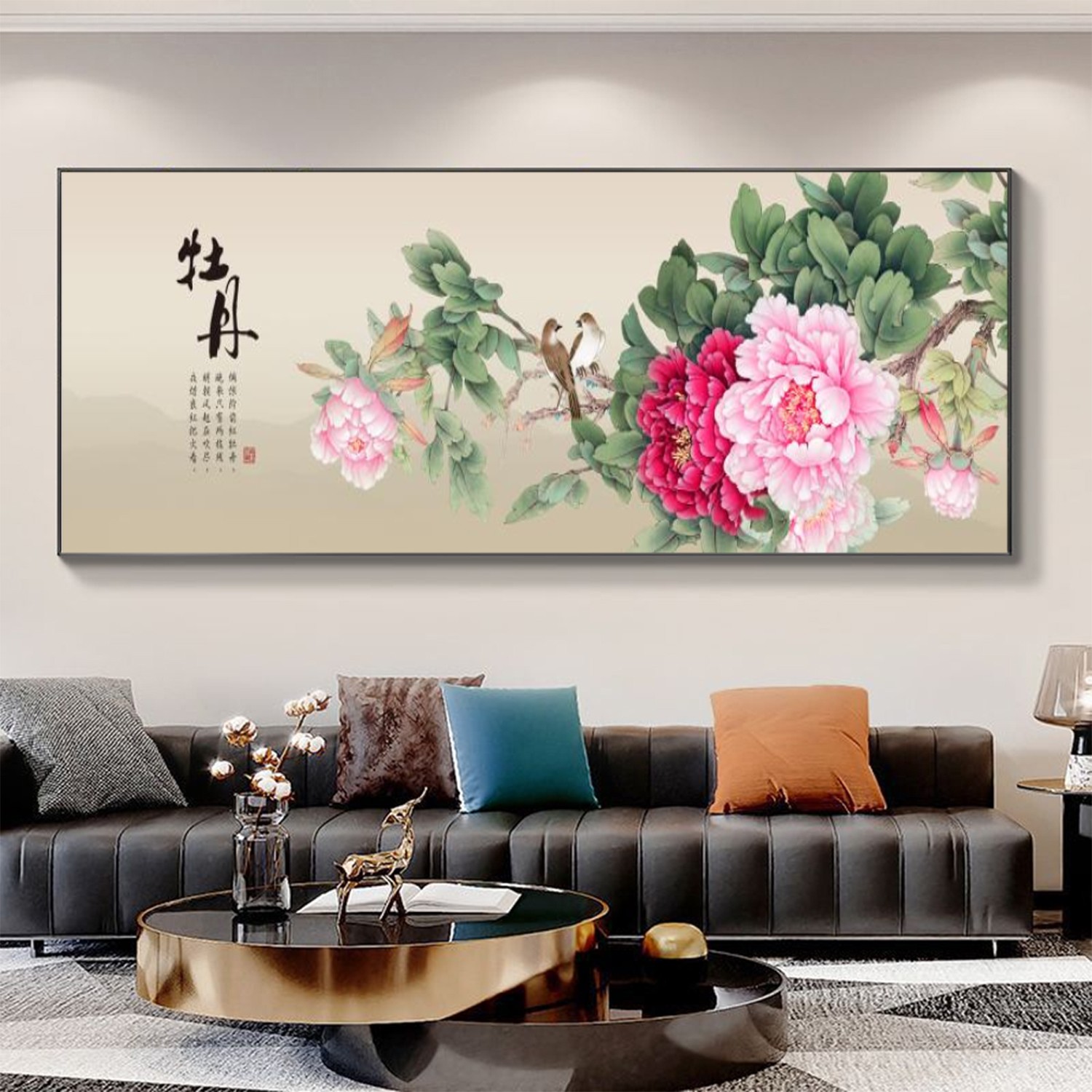 轻奢花开富贵牡丹花客厅装饰画横版沙发挂画牡丹墙上背景墙挂画