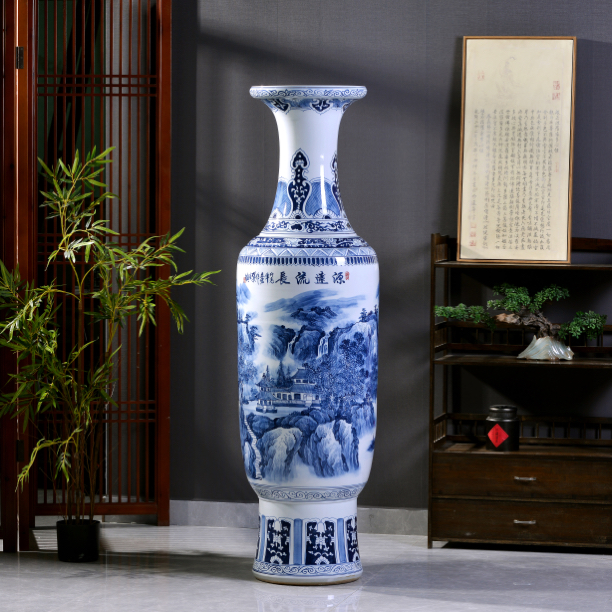 老师手绘仿古源远流长景德镇陶瓷器青花山水客厅大堂家居装饰摆件
