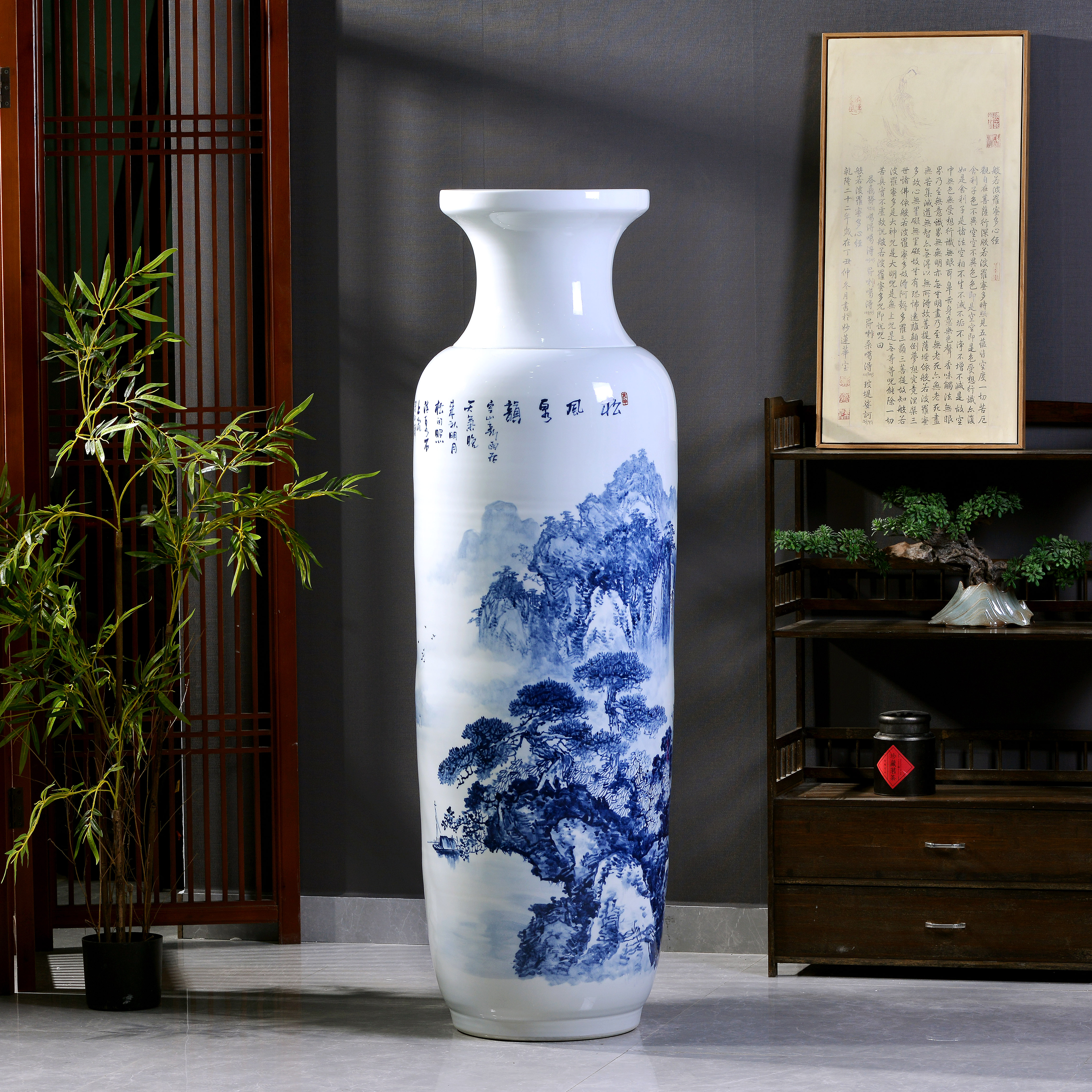 景德镇陶瓷器老师手绘青花山水高端大气落地大花瓶客厅大堂大摆件